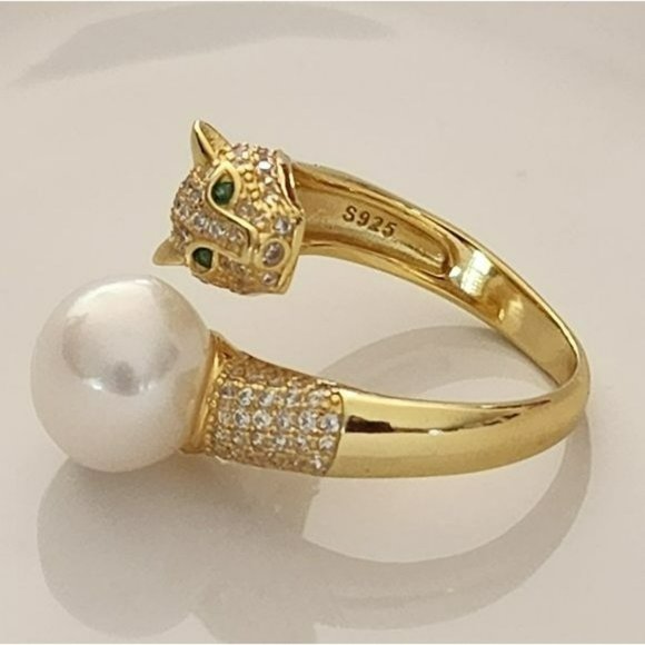 925S Genuine 10 mm Freshwater Pearl Adjustable Gold Ring With Leopard Design - Picture 16 of 16